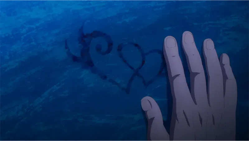 Tadashi touches the faded twin hearts that were painted on the bottom of the pool.