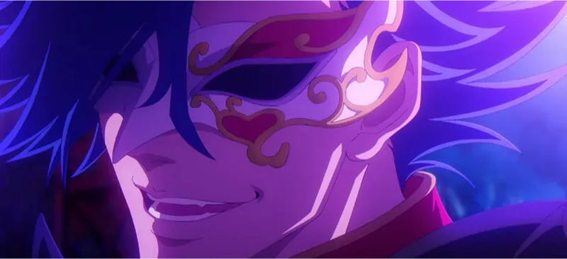 Ainosuke as Adam, grinning while wearing a mask to obscure his eyes.