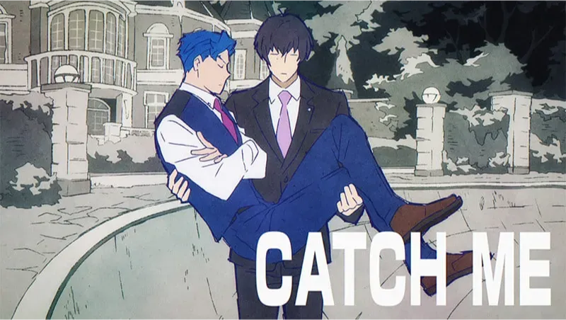 Catch Me: Tadashi is holding Ainosuke in his arms after catching him fro a fall. Ainosuke is pouting with his arms crossed and Tadashi has his signature flat expression.