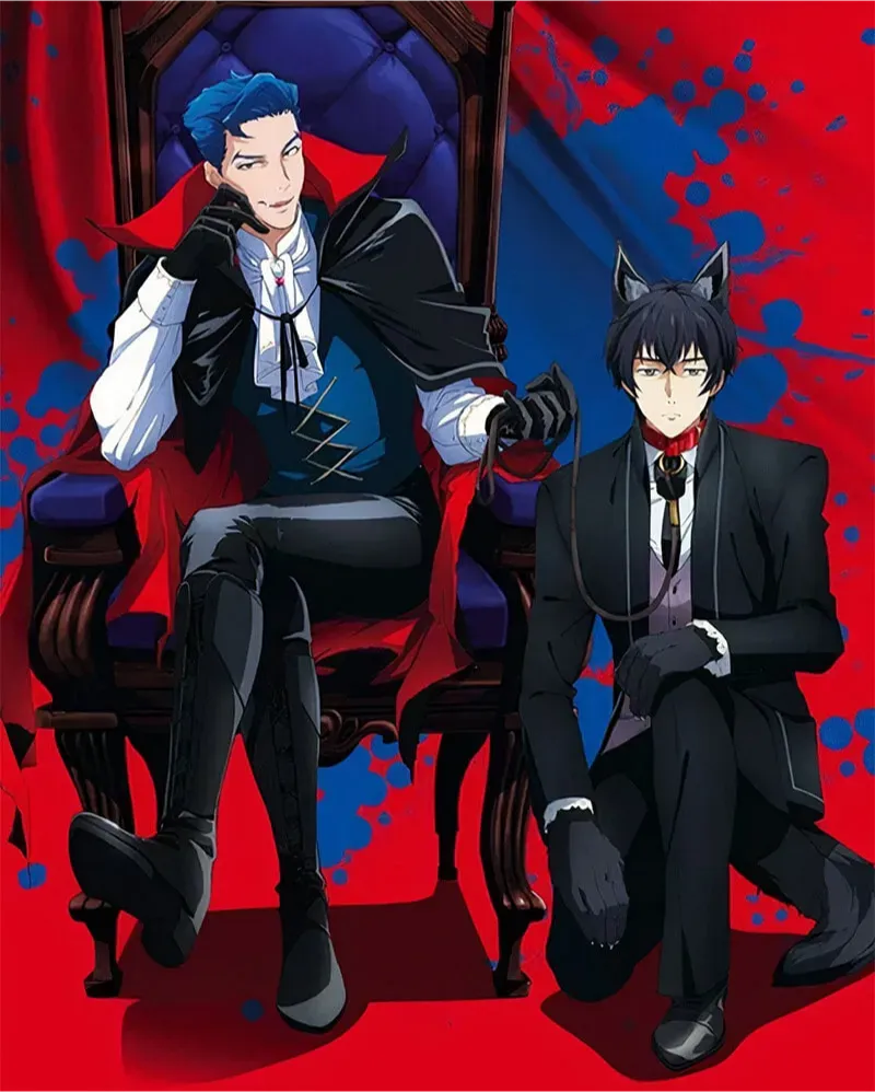 Ainosuke dressed as a vampire holds a leash. The leash is attached to a read collar around Tadashi's neck. Tadashi is dressed as a werewolf, complete with tail and ears.