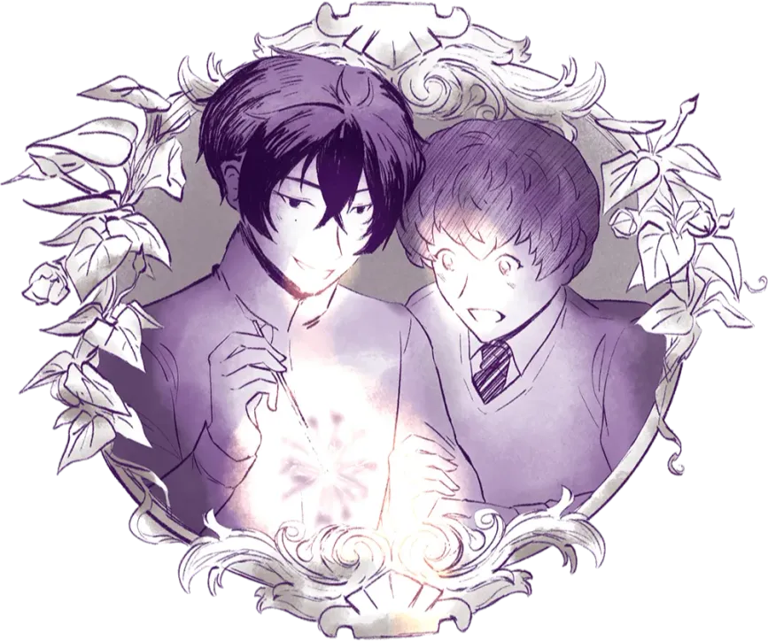 Tadashi Kikuchi and Ainosuke as children playing with a sparkler. Ainosuke's eyes are open with wonder as he clutches Tadashi's arm. They are surrounded by a frame of moon flowers.