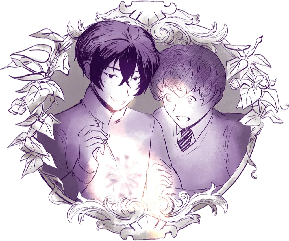 Tadashi Kikuchi and Ainosuke as children playing with a sparkler. Ainosuke's eyes are open with wonder as he clutches Tadashi's arm. They are surrounded by a frame of moon flowers.